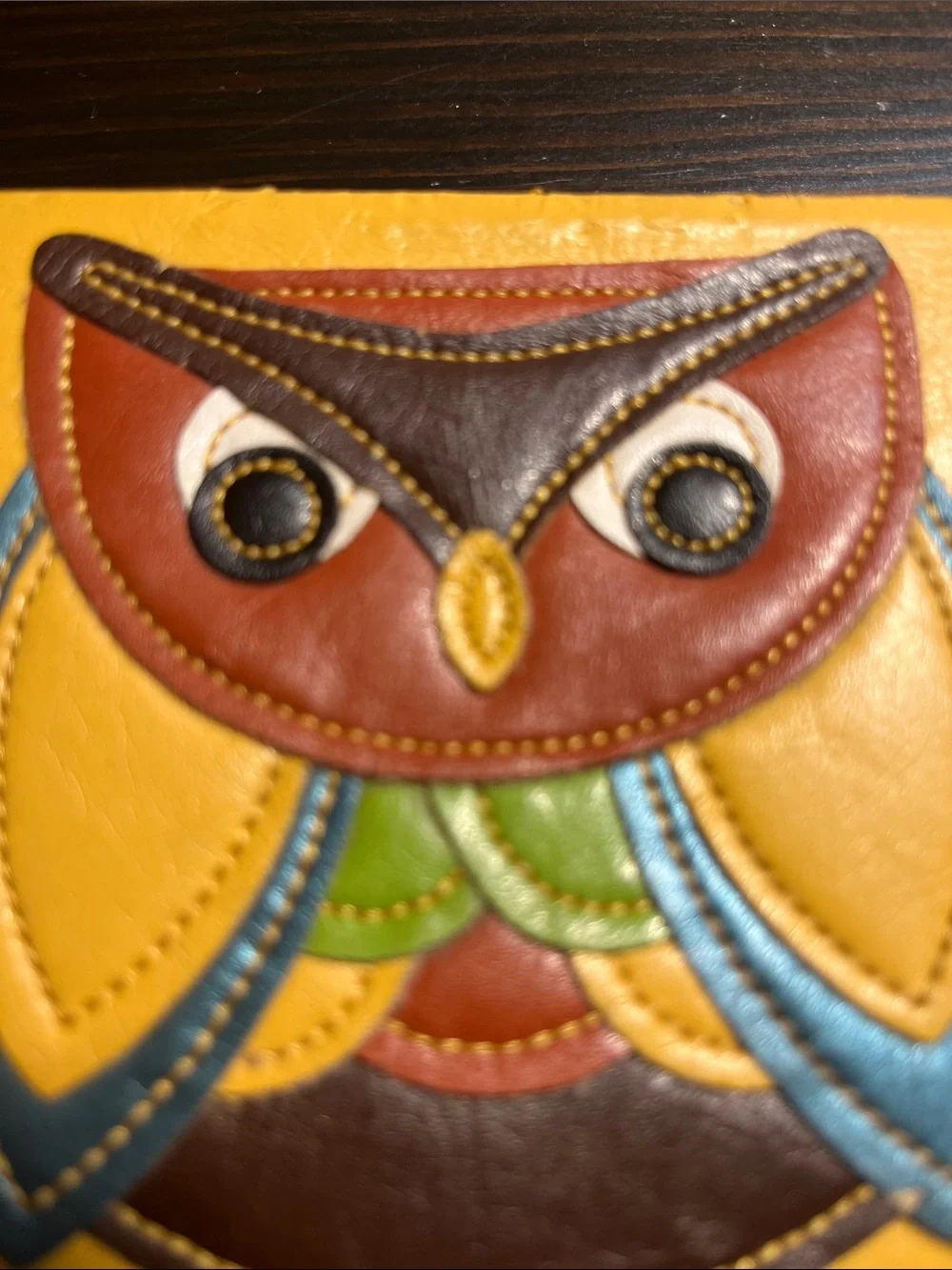 Vintage Yellow Owl Leather Clutch/small wallet with Multicolor Applique